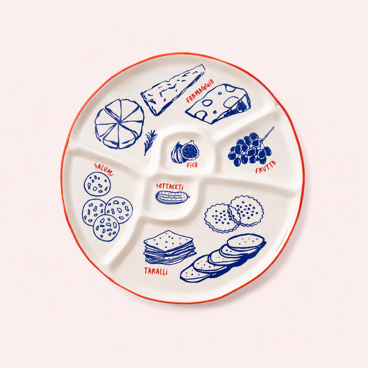 Antipasto white plate with red rim and blue illustrations of Italian snacks on a white background perfect for Italian summers. Cristina Toscana Food everything Melbourne Italian Ceramic Servingware