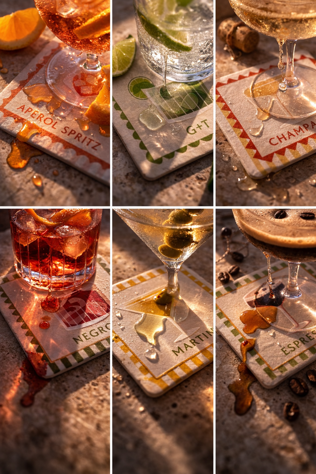 Collage of various cocktails on branded coasters. Negroni Coasters. Champagne Coasters. Espresso Martini Coasters. Negroni coastres. 
