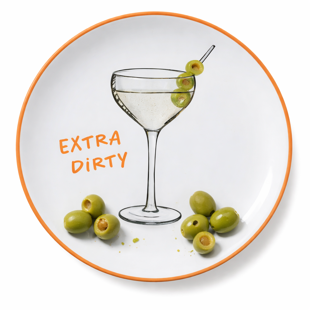 Plate with a martini glass and olives, labeled 'Extra Dirty', on a white background. Italian side plate. Italian dinnerware