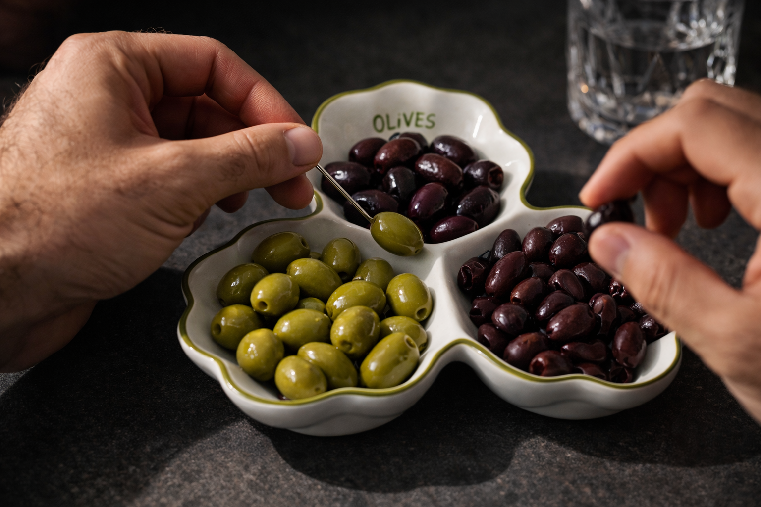 Olive platter with green and black olives on a light surface