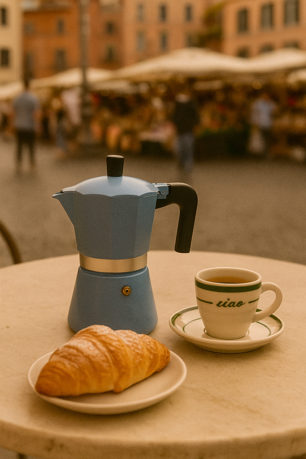 Blue espresso pot, cup of coffee, and croissant on a table with a blurred street scene in the background.V