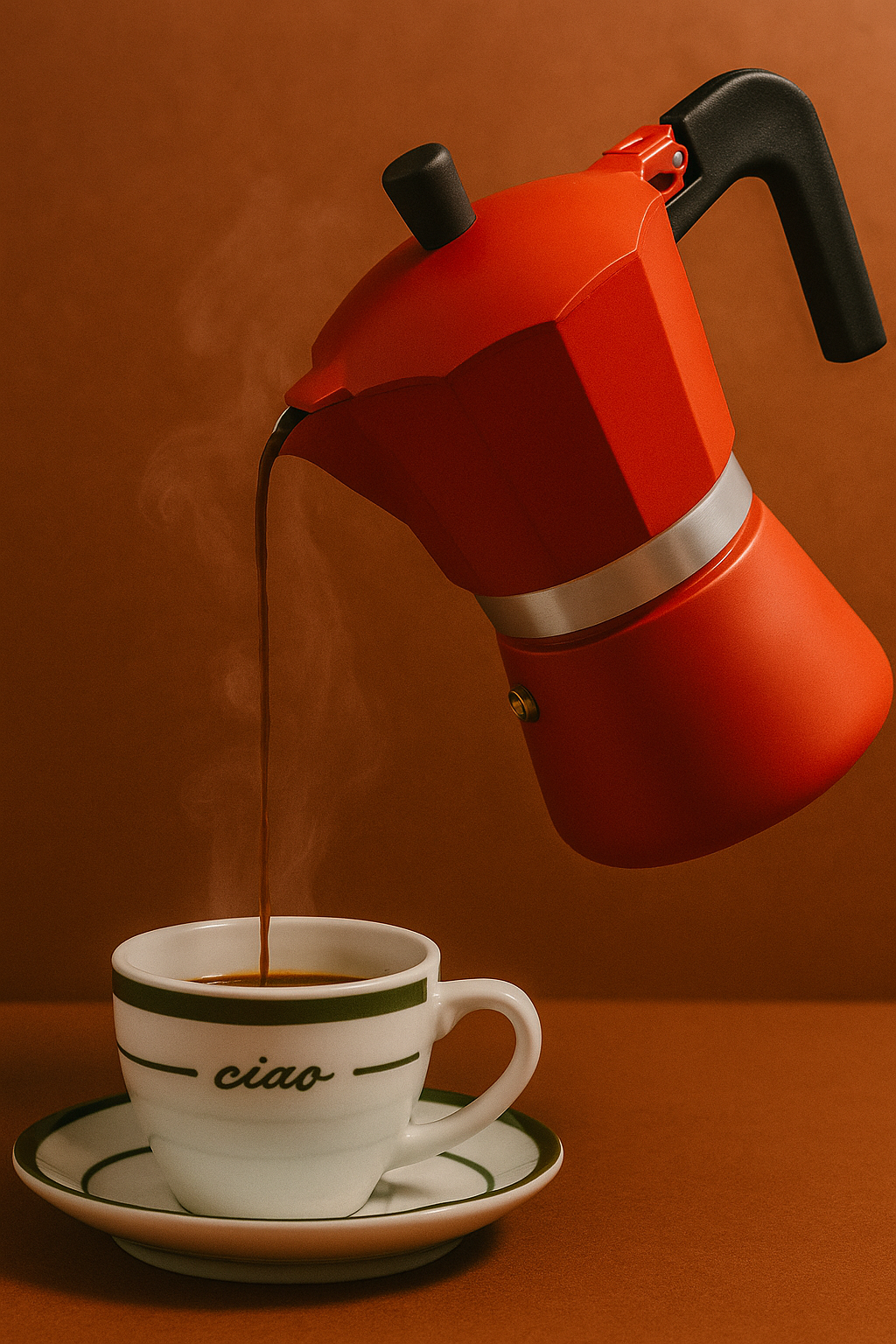 Red espresso maker pouring coffee into a 'ciao' cup on a brown background