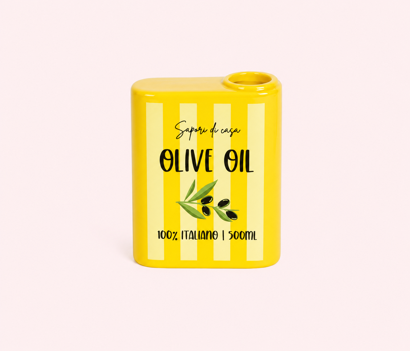 Yellow olive oil , vase with striped design and text on a white background Sapori di casa.