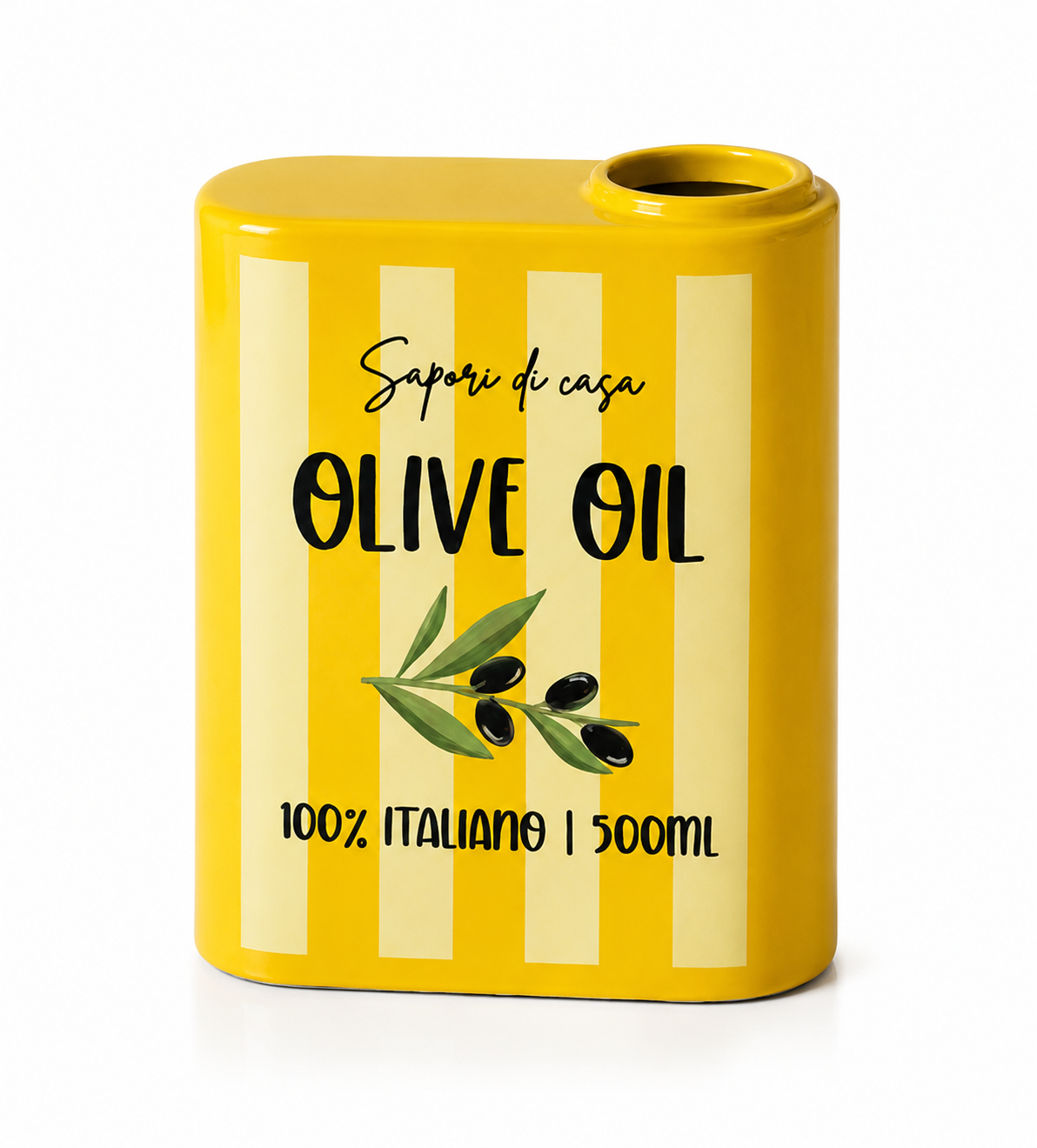 Yellow and white striped olive oil container with text on a white background. Olive Oil Vase. Italian Homewares 