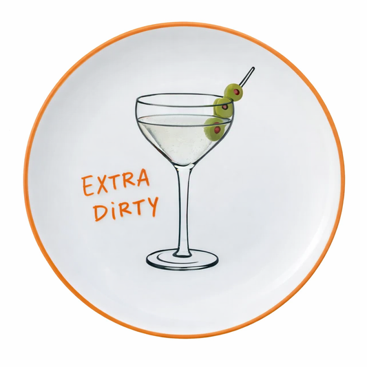 Round SIDE SERVING plate with a cocktail illustration and 'Extra Dirty' text on an orange rim. Italian dinner plates. 