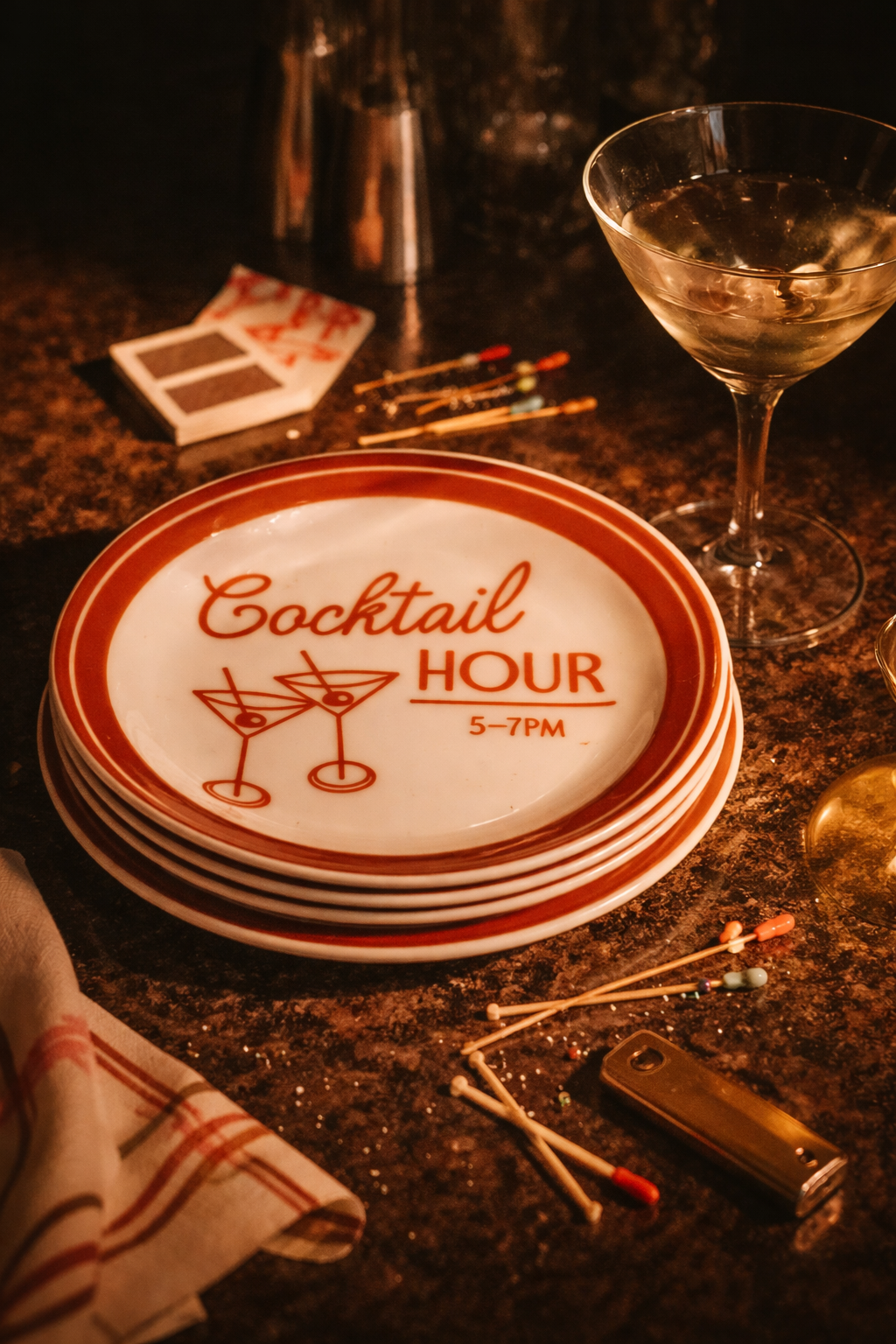 Stack of plates with 'Cocktail Hour' text on a bar counter with cocktail accessories.