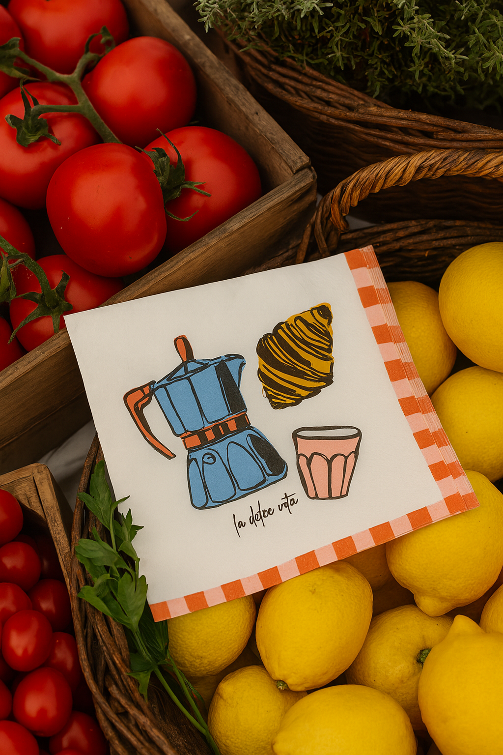 Napkin with coffee maker, croissant, and cup illustration on a light background


✅ “Italian napkins Australia”
✅ “napkins for hosting”
✅ “Mother’s Day table gifts”
✅ “Italian tableware Australia”