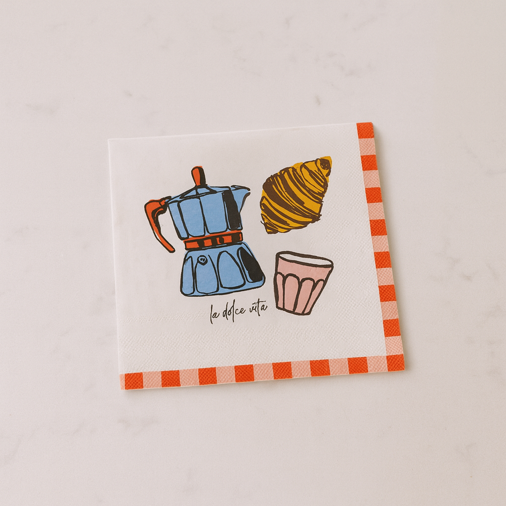 Napkin with coffee maker, croissant, and cup illustration on a light background


✅ “Italian napkins Australia”
✅ “napkins for hosting”
✅ “Mother’s Day table gifts”
✅ “Italian tableware Australia”