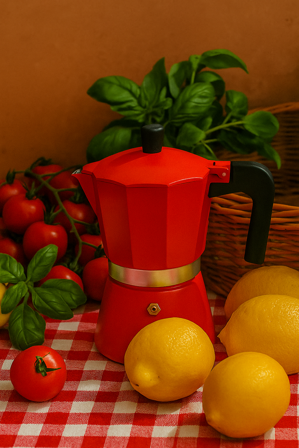 red espresso pot with silver details — evokes vintage Italian kitchen charm